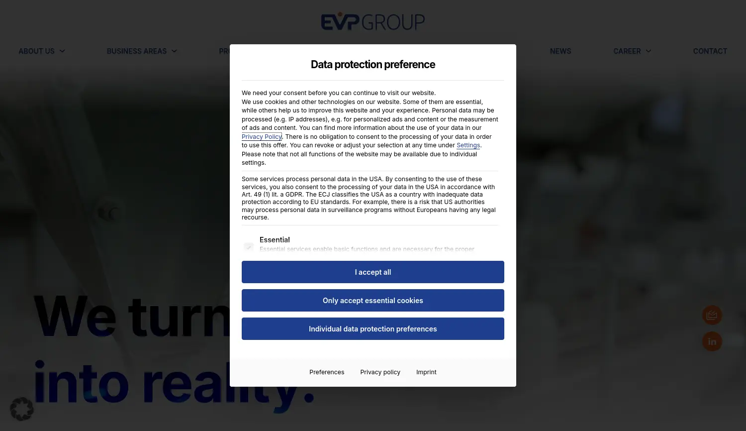 Website der Firma EVP Group GmbH