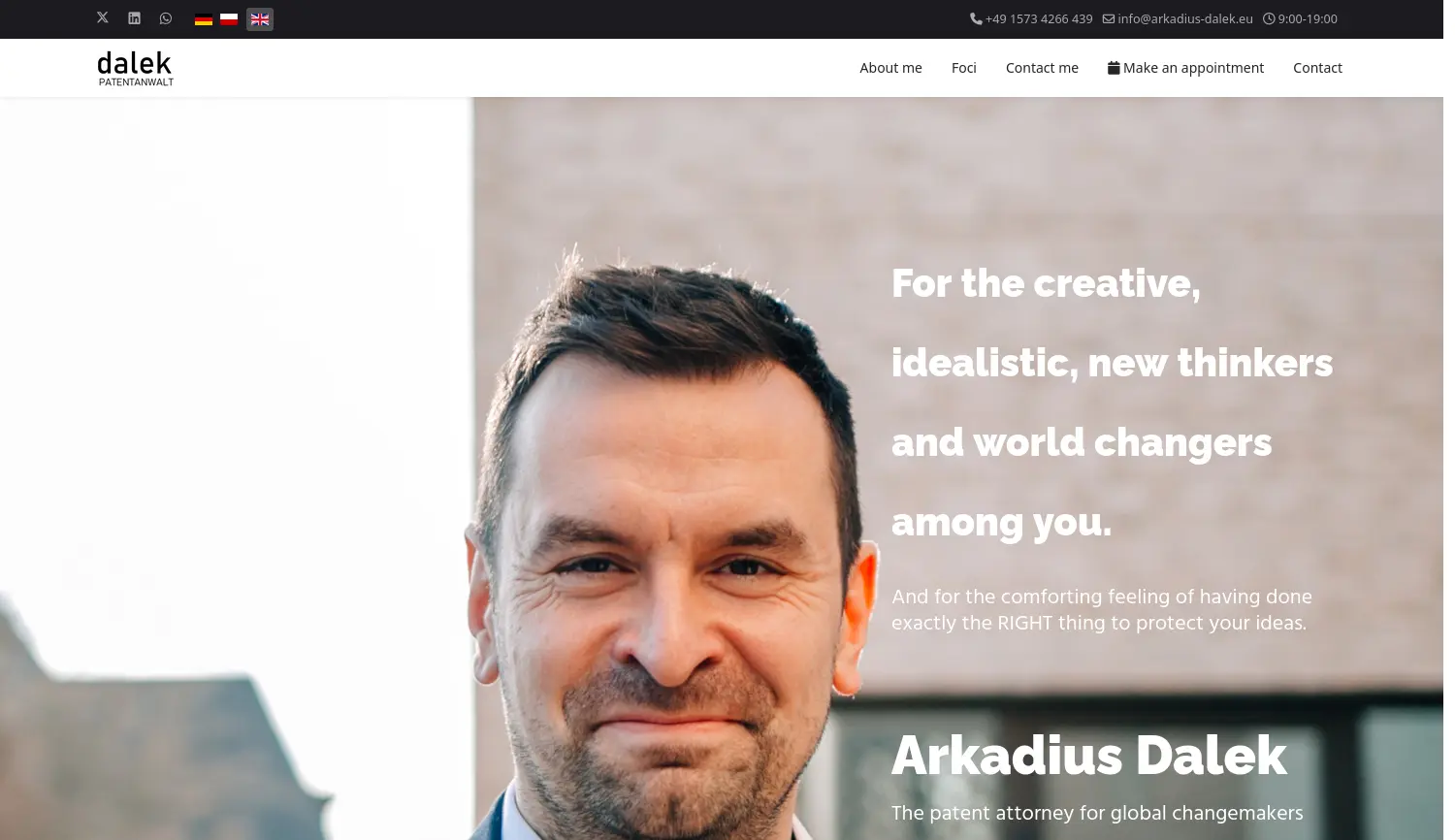 Website der Firma Arkadius Dalek, Patentanwalt