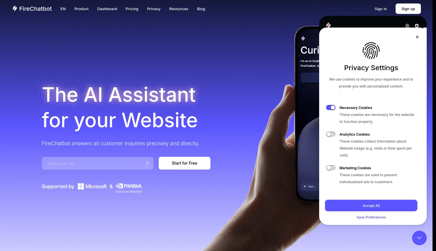 Website der Firma FireChatbot