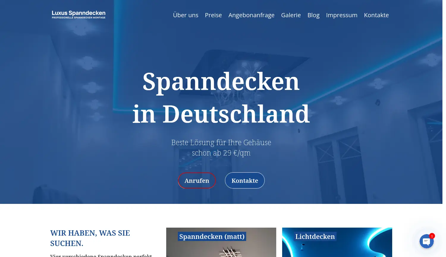 Website der Firma Luxus Spanndecken Design