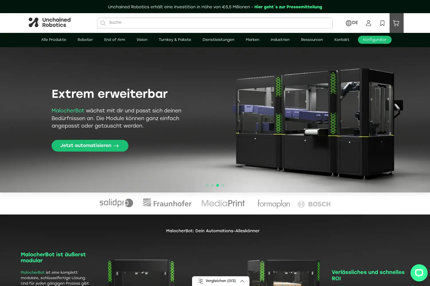 Website der Firma Unchained Robotics GmbH