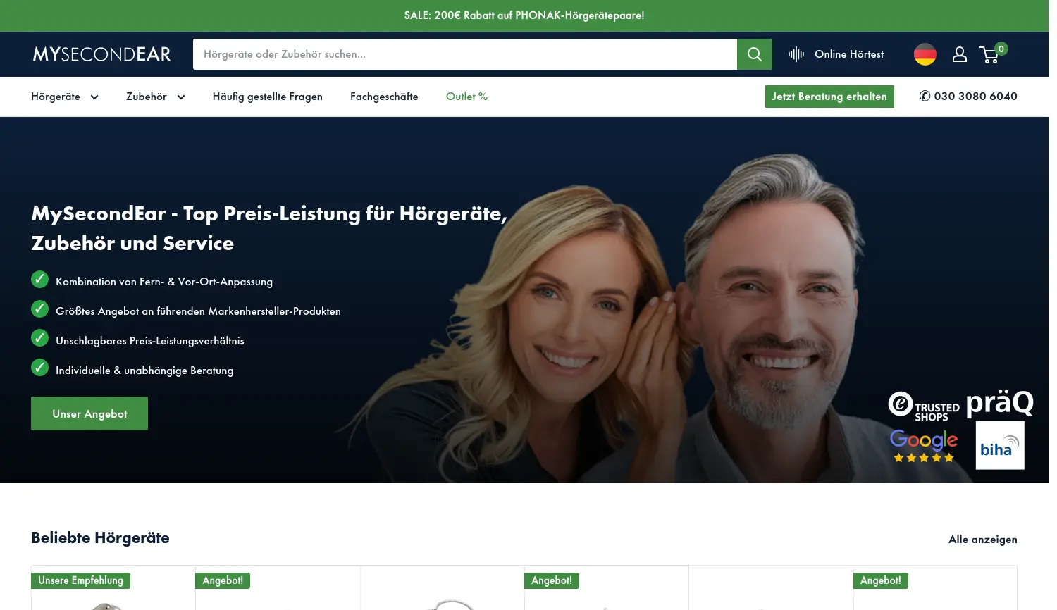 Website der Firma MySecondEar Audiology Group GmbH