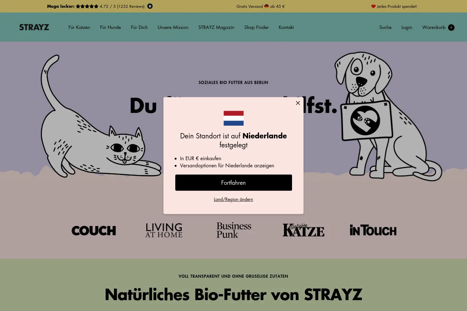 Website der Firma STRAYZ Petfood GmbH