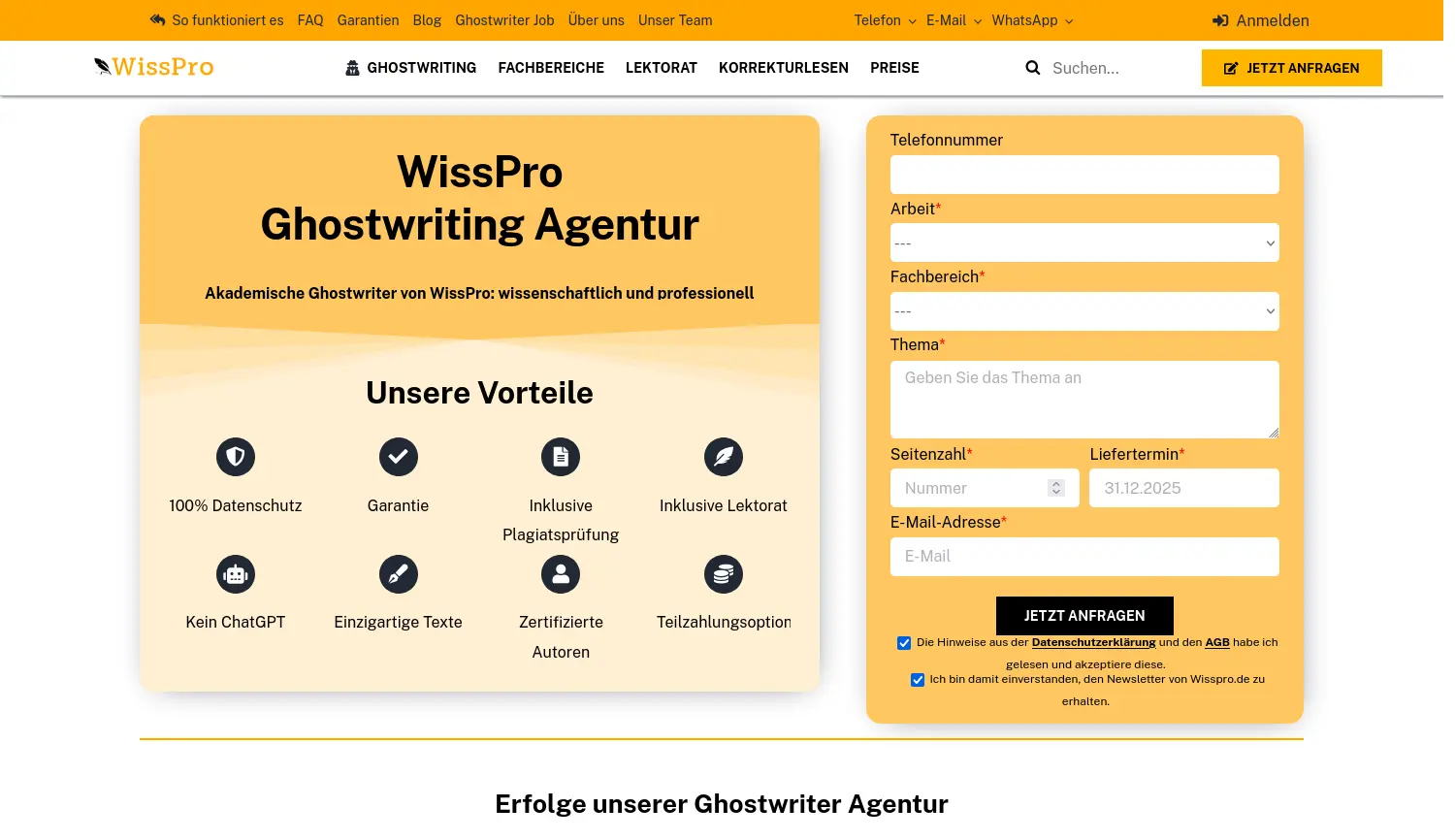 Website der Firma WissPro Ghostwriting Agentur