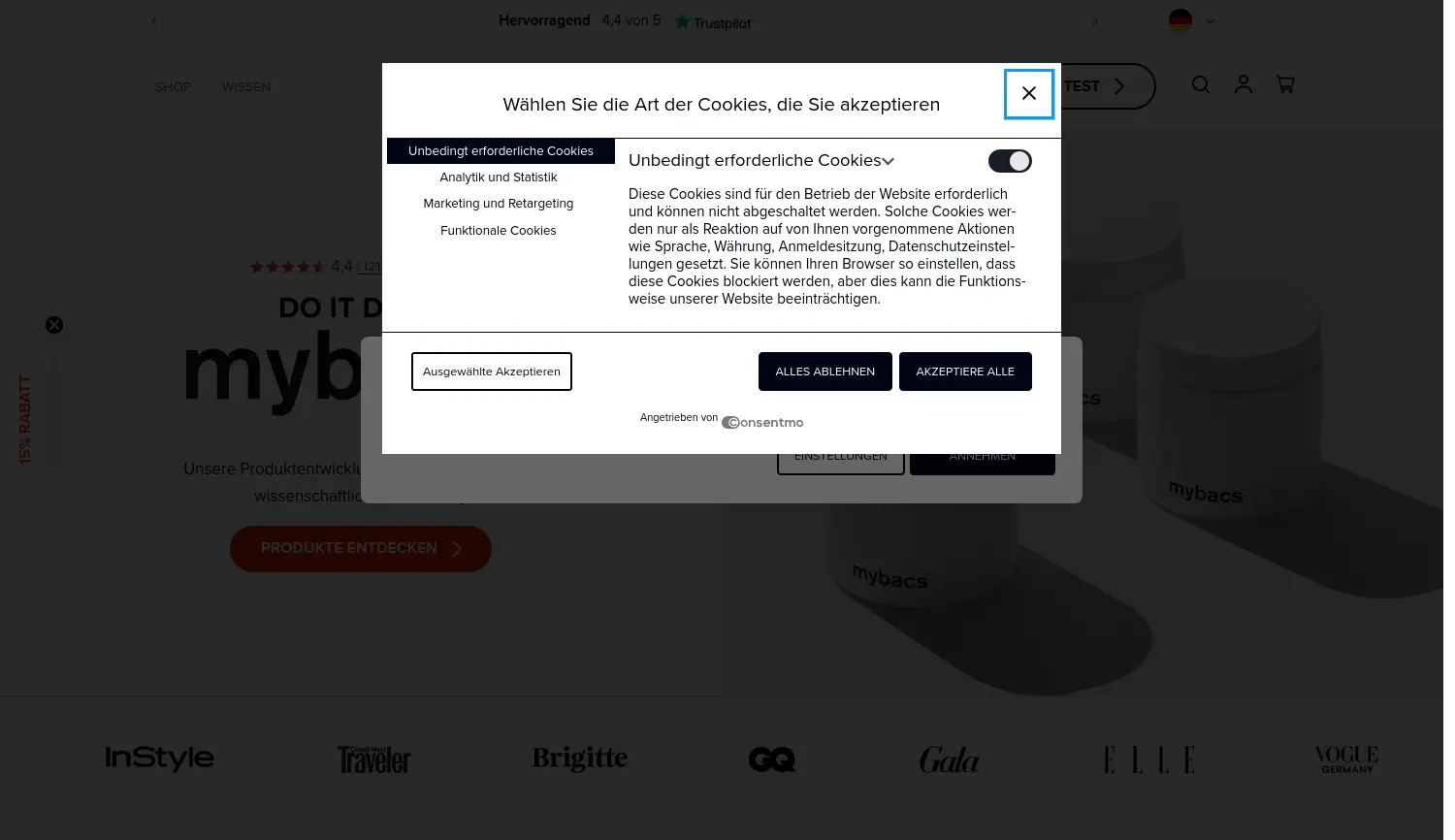 Website der Firma mybacs Vertriebs GmbH
