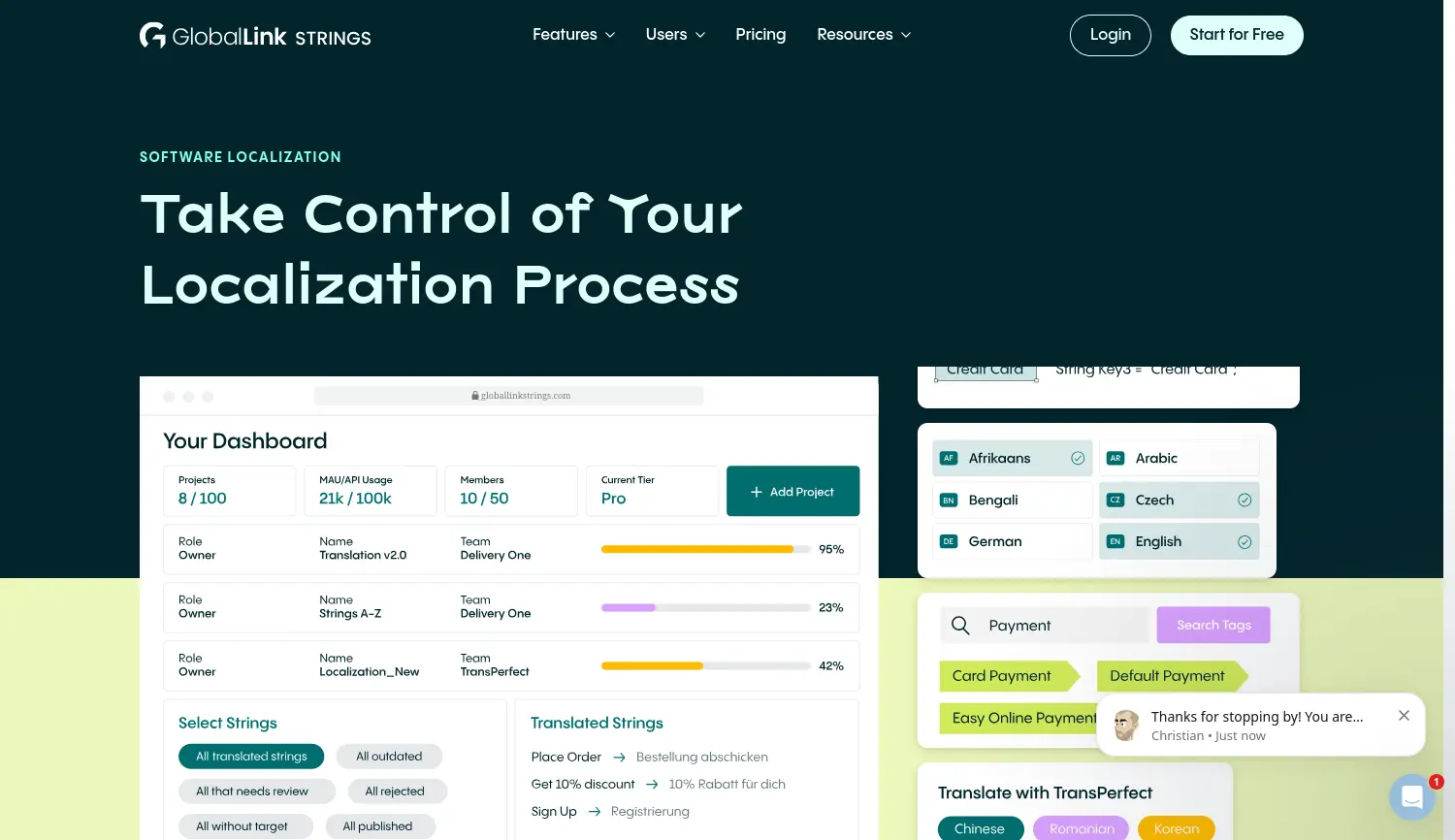 Website der Firma GlobalLink Strings