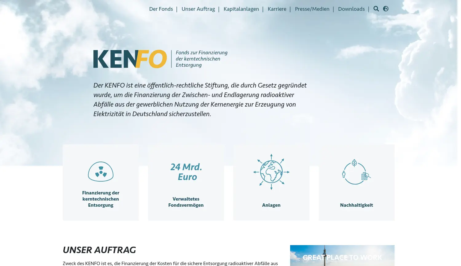 Website der Firma Fonds zur Finanzierung der kerntechnischen Entsorgung