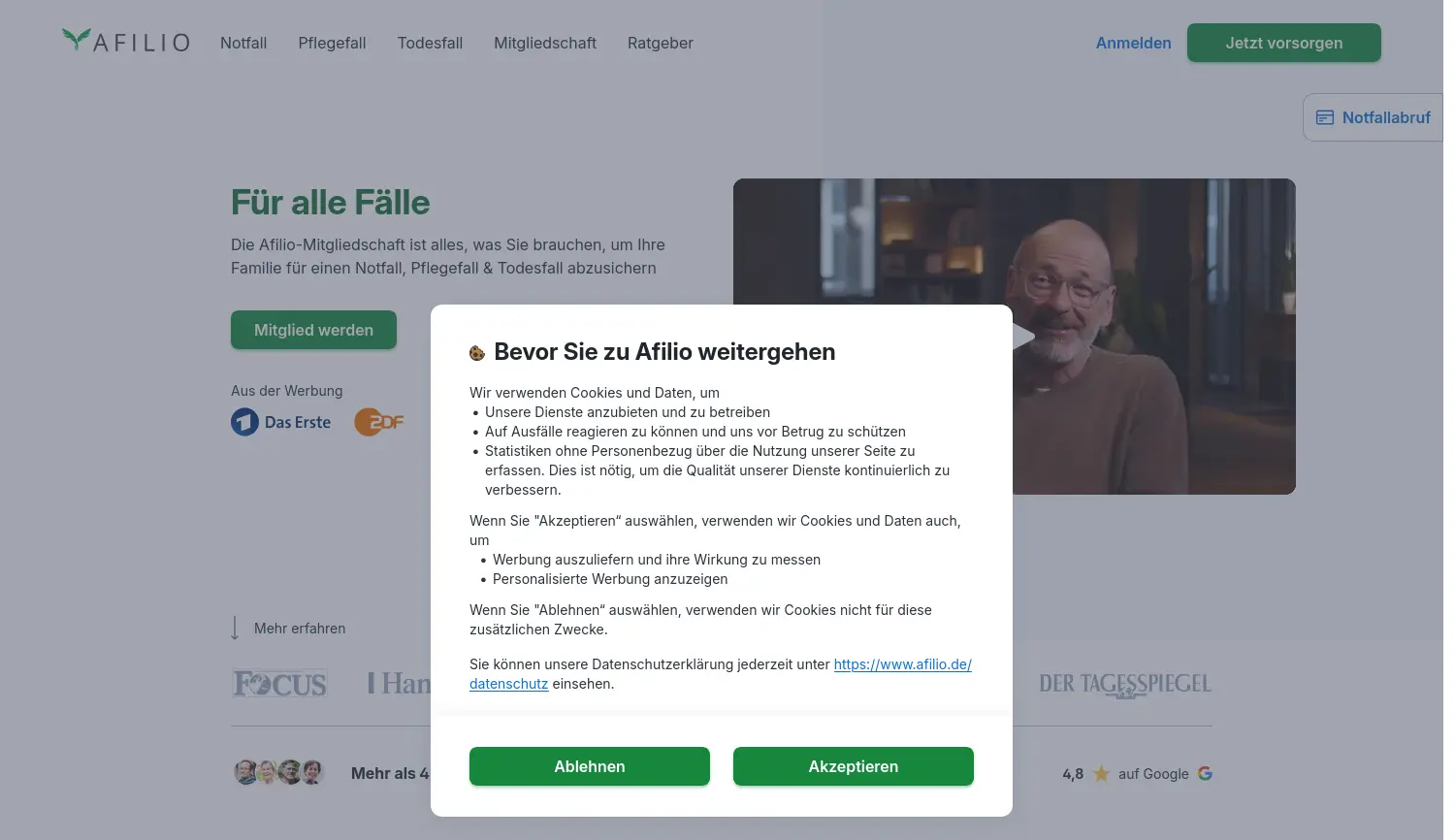 Website der Firma Afilio - Gesellschaft für Vorsorge mbH