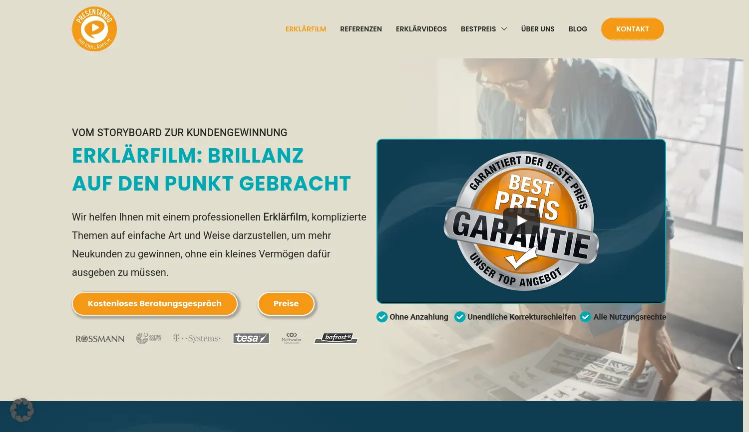 Website der Firma Presentando - Ihr Erklärfilm, Christian Dürr