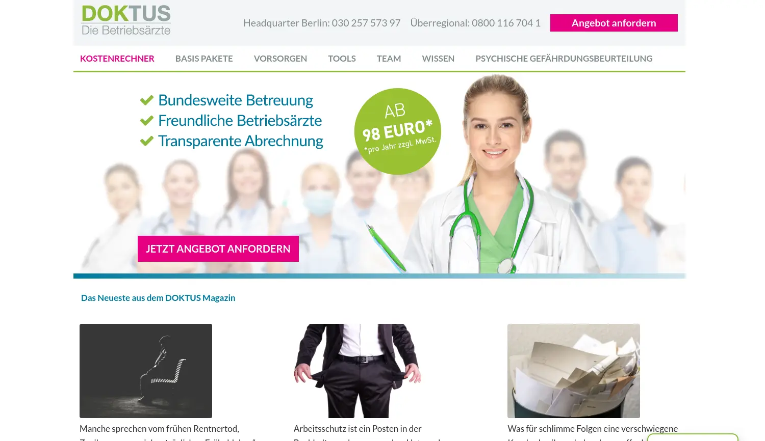Website der Firma DOKTUS – die Betriebsärzte GmbH