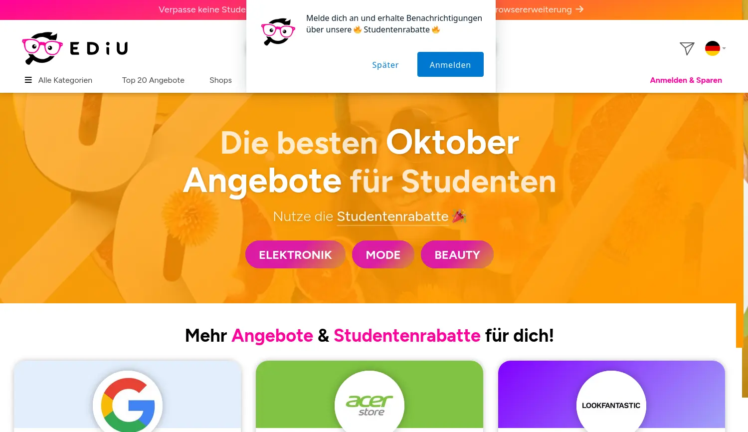 Website der Firma EDiU - Studentenrabatt DE