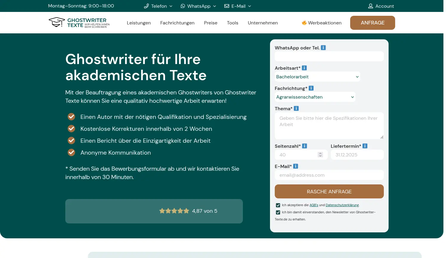 Website der Firma Ghostwriter Texte