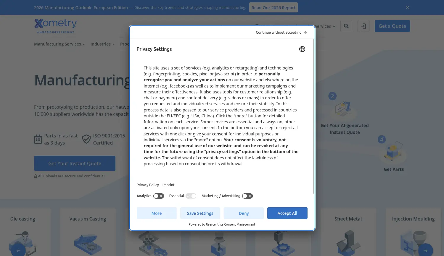 Website der Firma Xometry Europe GmbH