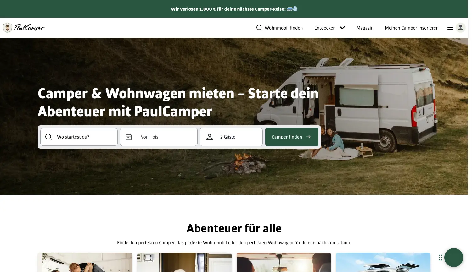 Website der Firma PaulCamper GmbH