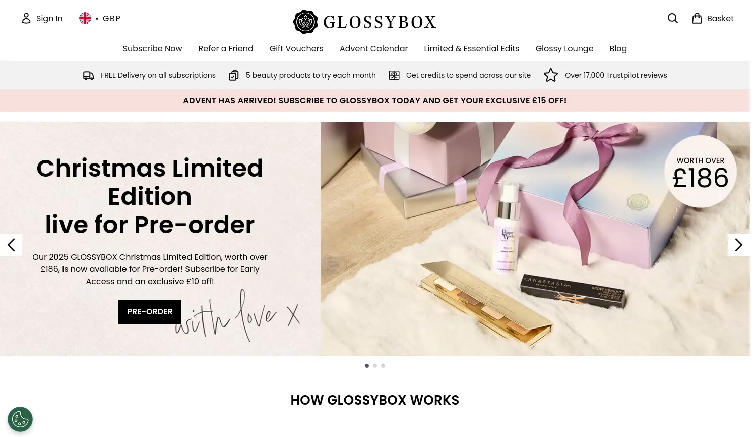 Website der Firma GLOSSYBOX (Teil der The Hut Group)