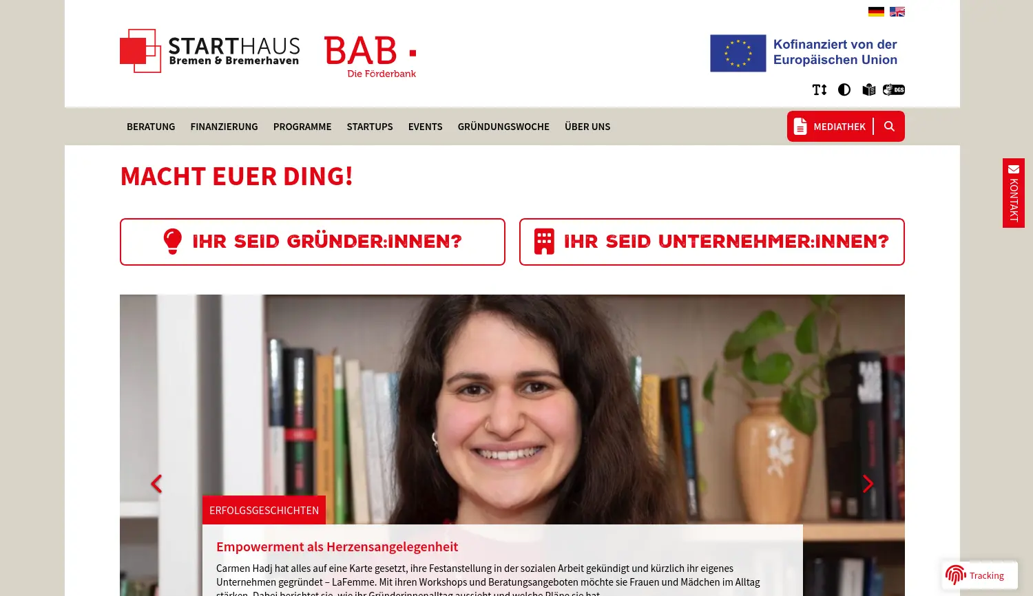 Website der Firma BAB – Die Förderbank für Bremen und Bremerhaven (Segment Starthaus)