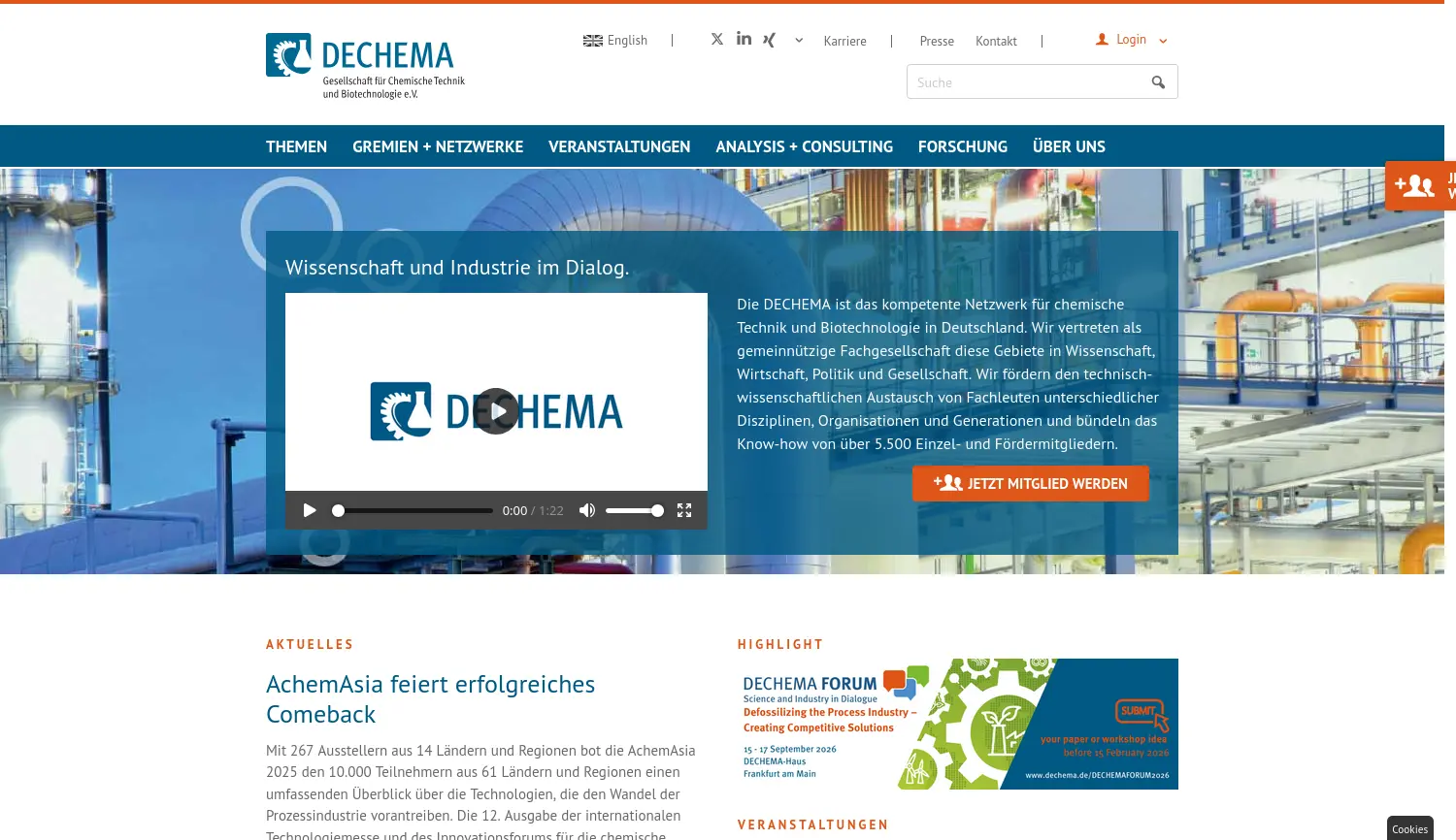 Website der Firma DECHEMA Gesellschaft für Chemische Technik und Biotechnologie e.V.