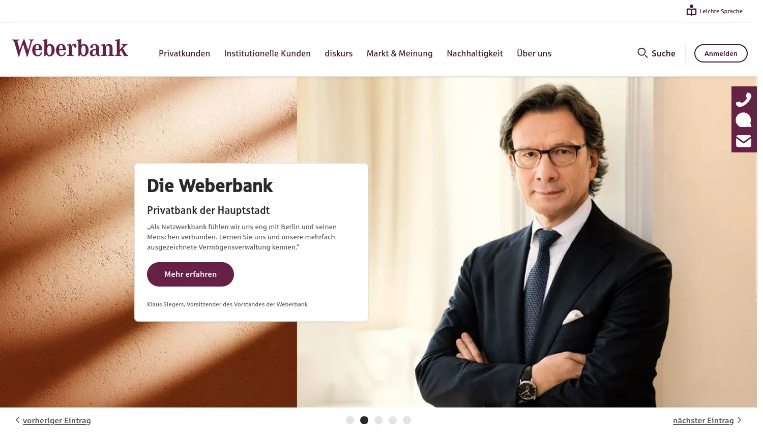 Website der Firma Weberbank Actiengesellschaft