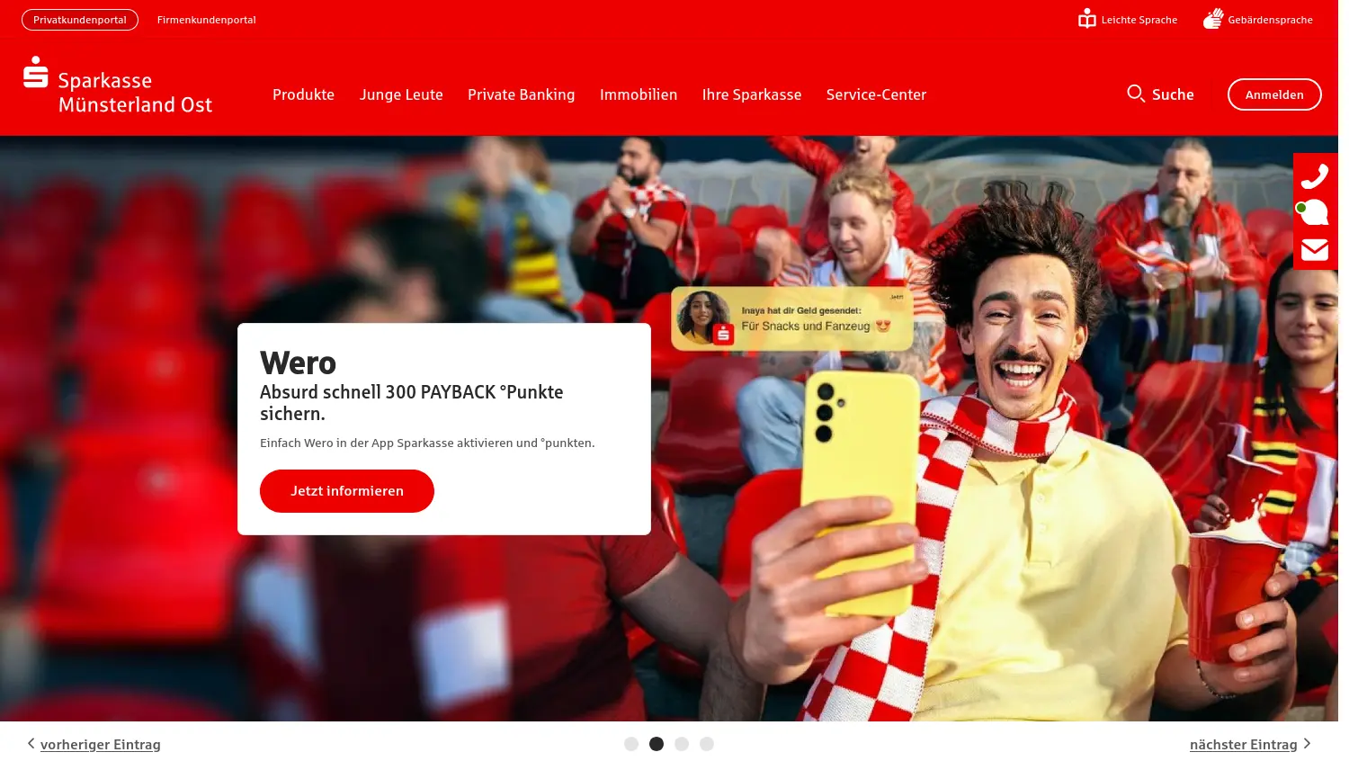 Website der Firma Sparkasse Münsterland Ost, Anstalt des Öffentlichen Rechts