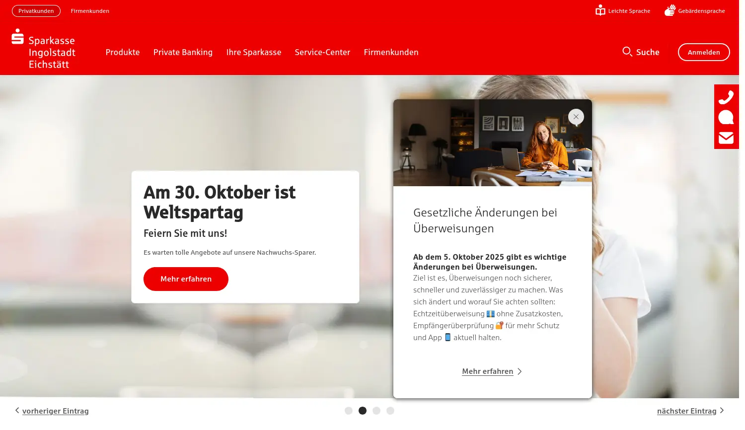 Website der Firma Sparkasse Ingolstadt Eichstätt, Anstalt des öffentlichen Rechts
