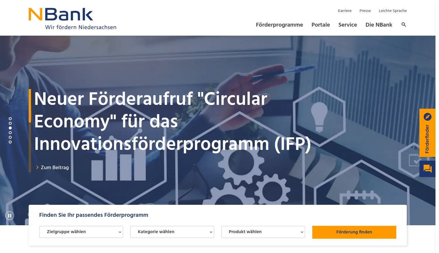 Website der Firma Investitions- und Förderbank Niedersachsen – NBank
