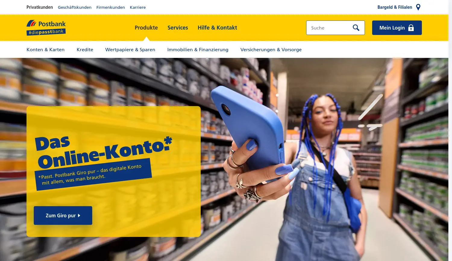 Website der Firma Postbank – eine Niederlassung der Deutsche Bank AG