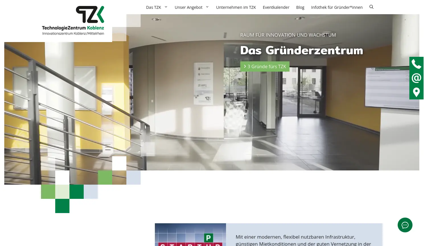 Website der Firma TZK – TechnologieZentrum Koblenz GmbH