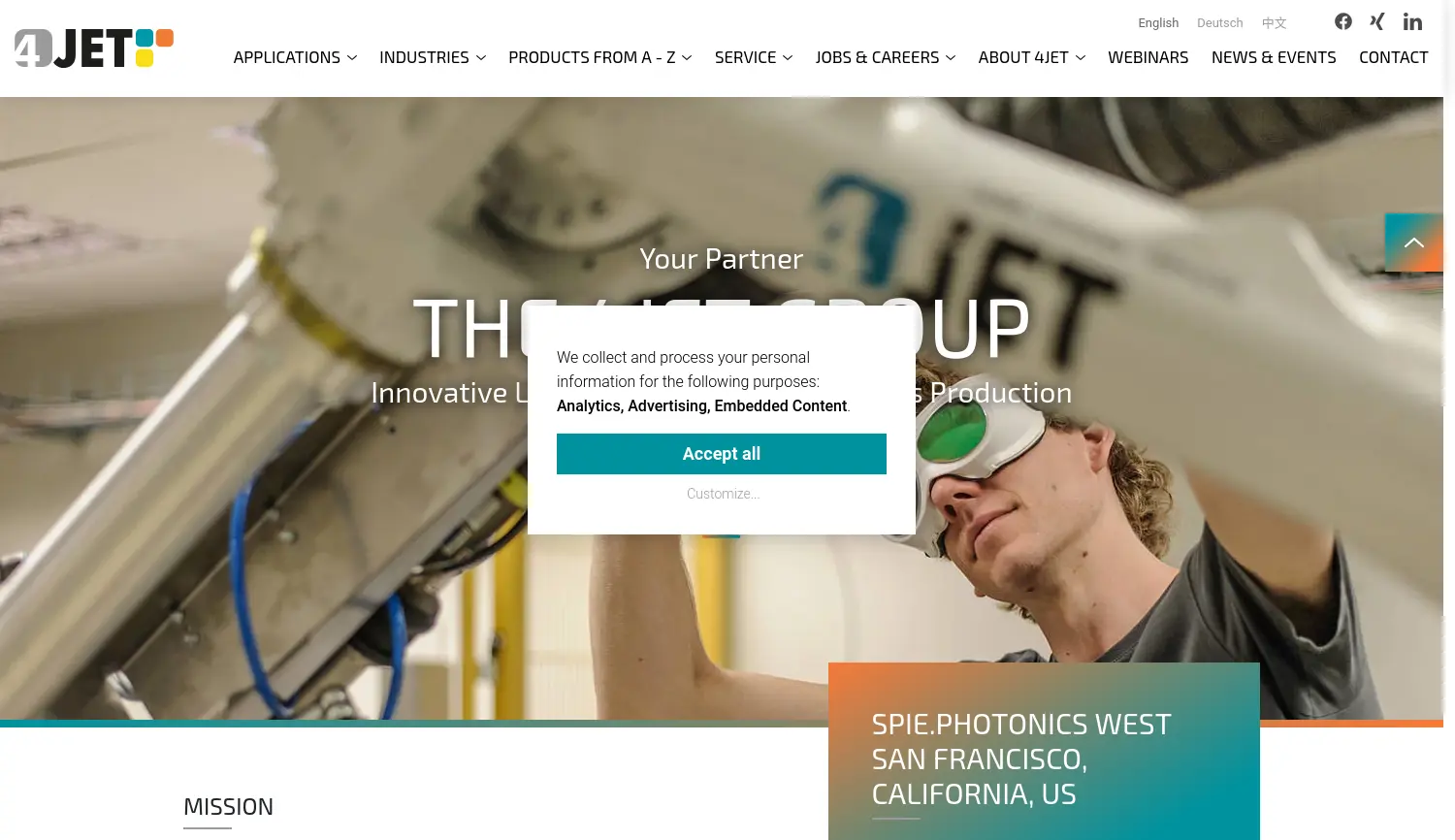 Website der Firma 4JET Technologies GmbH