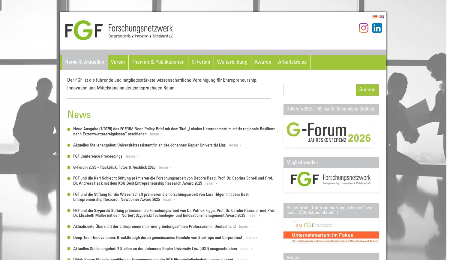 Website der Firma FGF - Forschungsnetzwerk - Entrepreneurship, Innovation, Mittelstand e.V.
