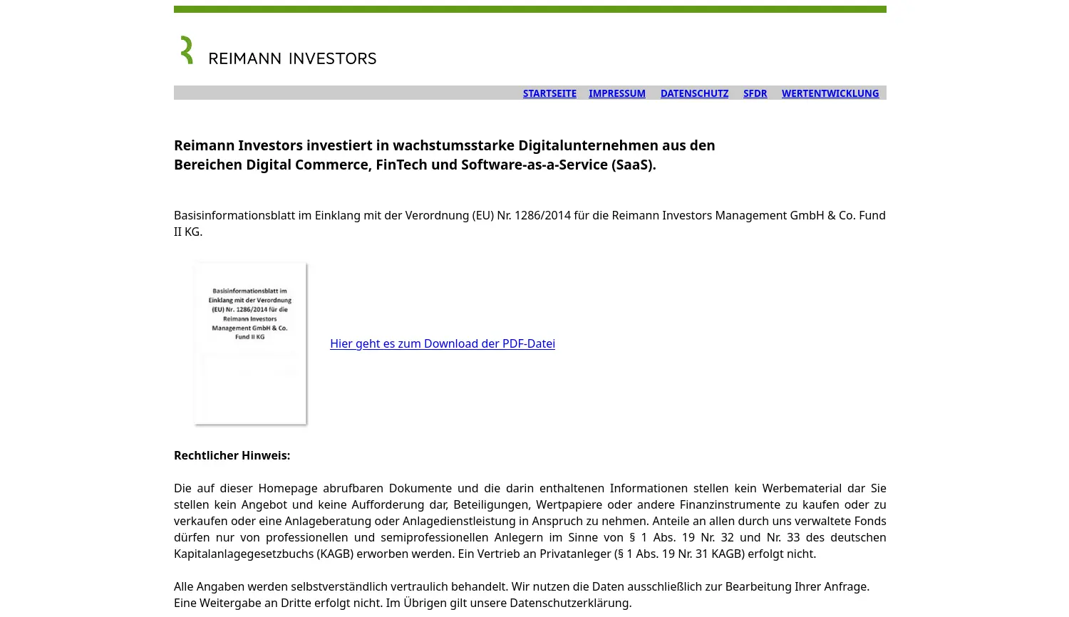 Website der Firma Reimann Investors Venture Management GmbH