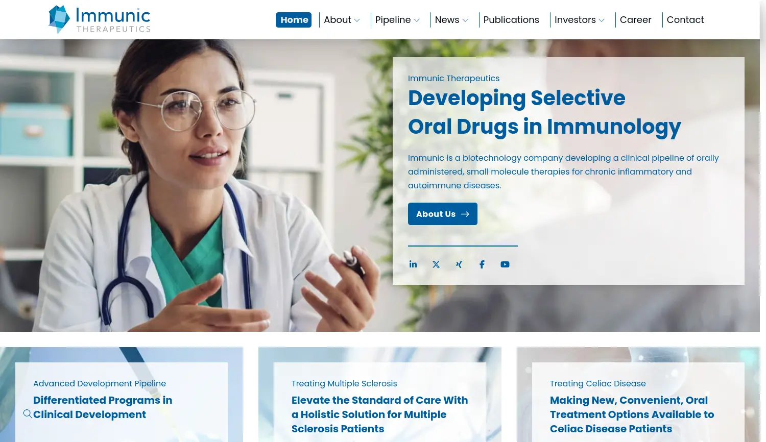 Website der Firma Immunic AG (Tochtergesellschaft der Immunic, Inc.)
