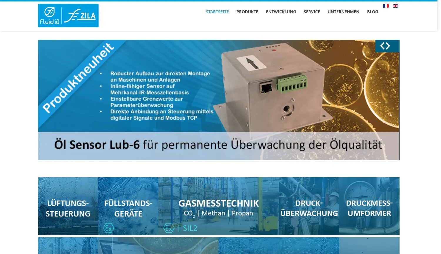 Website der Firma Fluid.iO® Sensor + Control GmbH & Co. KG