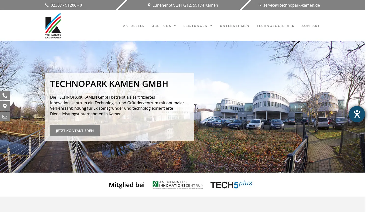 Website der Firma TECHNOPARK KAMEN GmbH