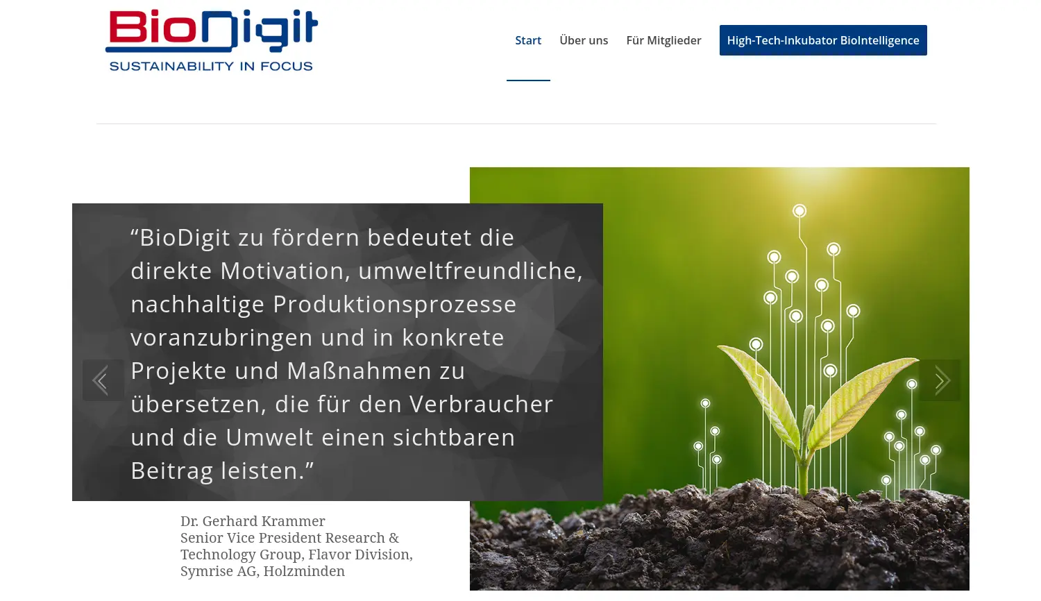 Website der Firma BioDigit Triggering Sustainable Bioeconomy e.V.