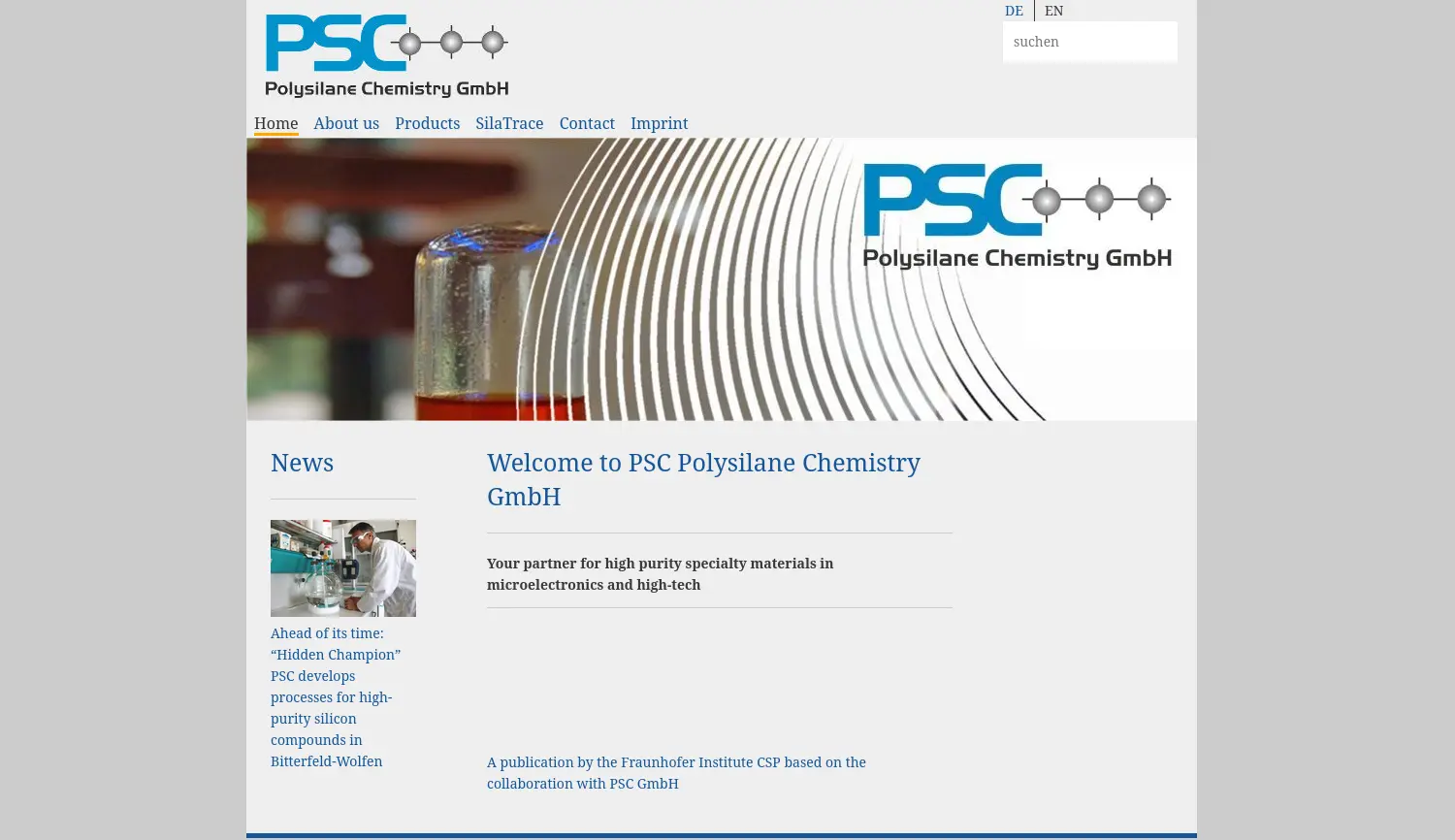 Website der Firma PSC Polysilane Chemistry GmbH