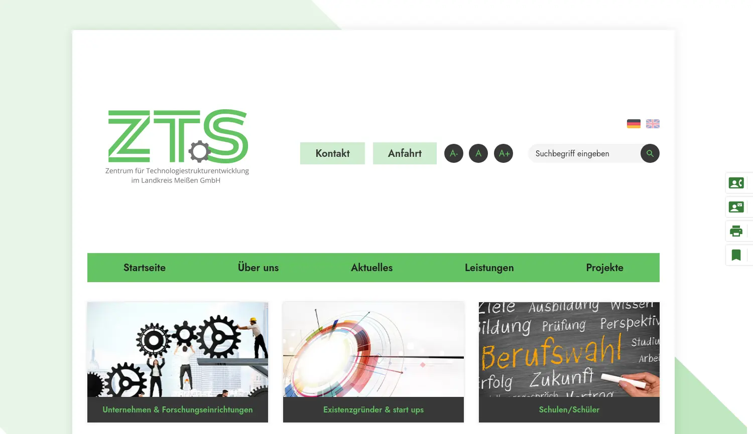 Website der Firma ZTS - Zentrum für Technologiestrukturentwicklung im Landkreis Meißen GmbH
