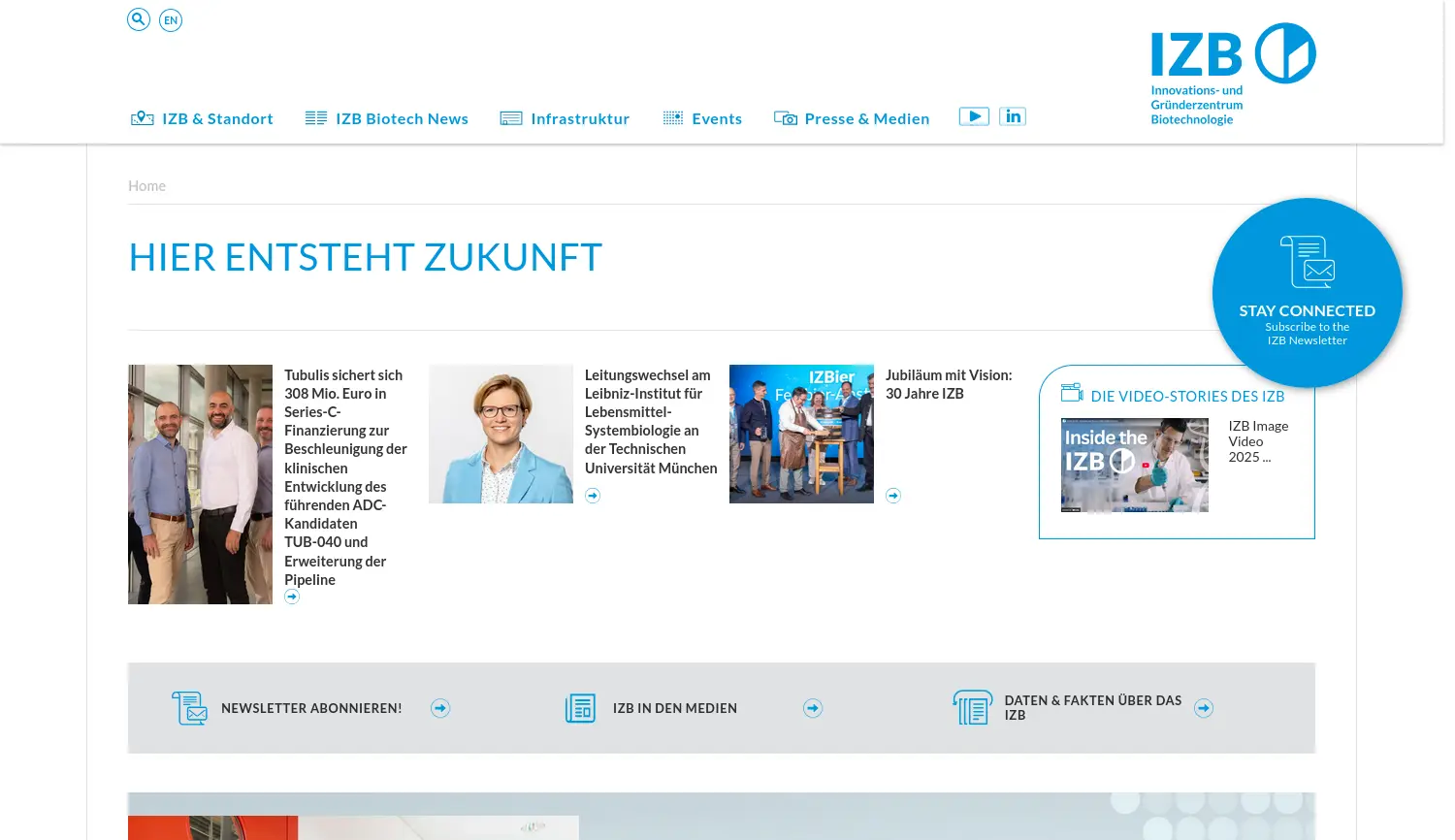 Website der Firma Innovations- und Gründerzentrum Biotechnologie IZB