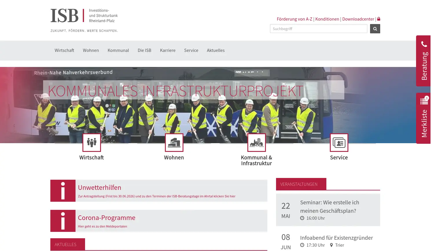 Website der Firma Investitions- und Strukturbank Rheinland-Pfalz (ISB) Anstalt des öffentlichen Rechts