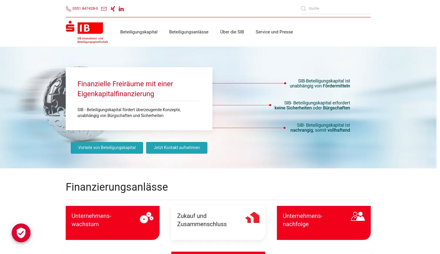 Website der Firma SIB Innovations- und Beteiligungsgesellschaft