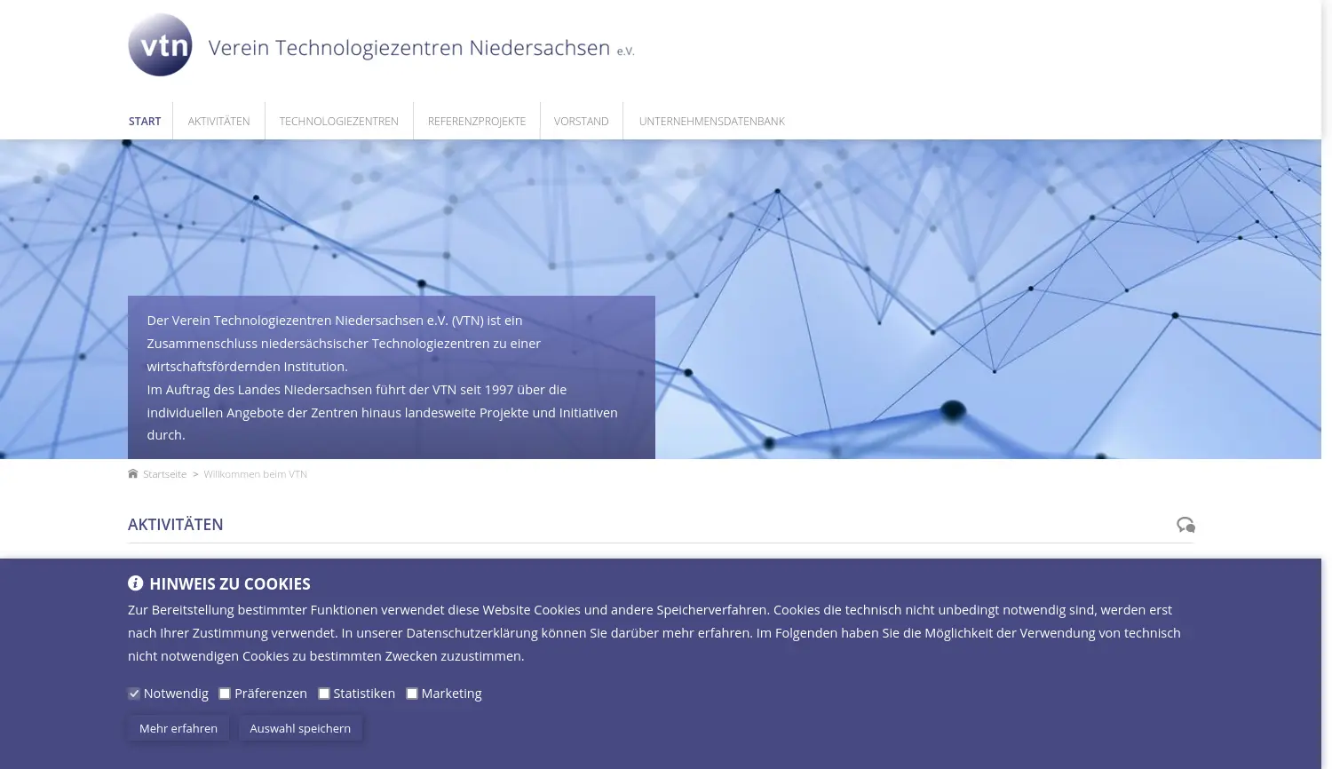 Website der Firma Verein Technologiezentren Niedersachsen e. V.