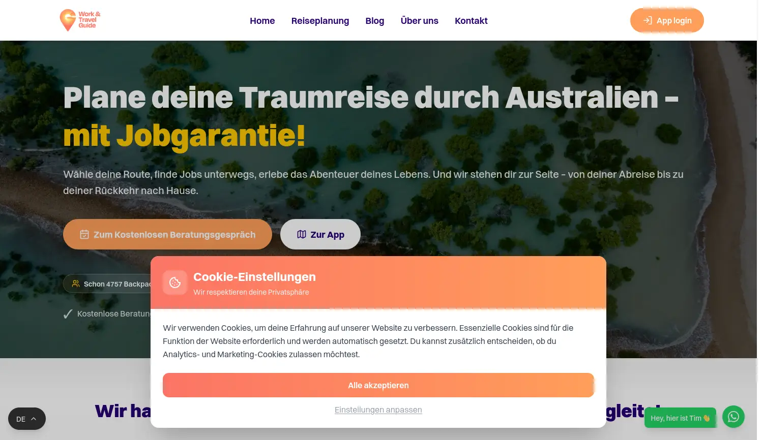 Website der Firma Work and Travel Guide (WTG) GmbH