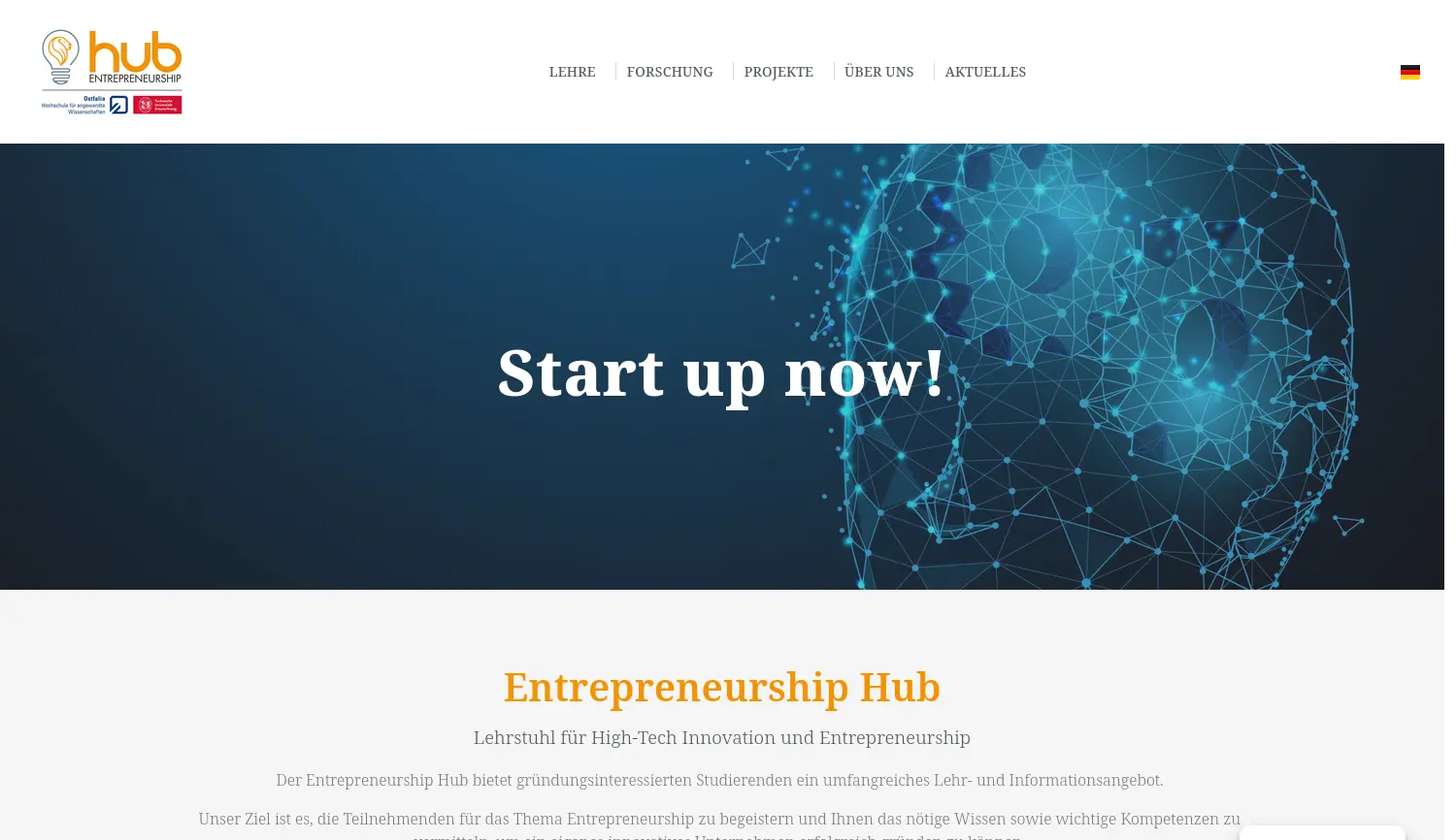 Website der Firma Entrepreneurship Hub der Technischen Universität Braunschweig und der Ostfalia Hochschule für angewandte Wissenschaften