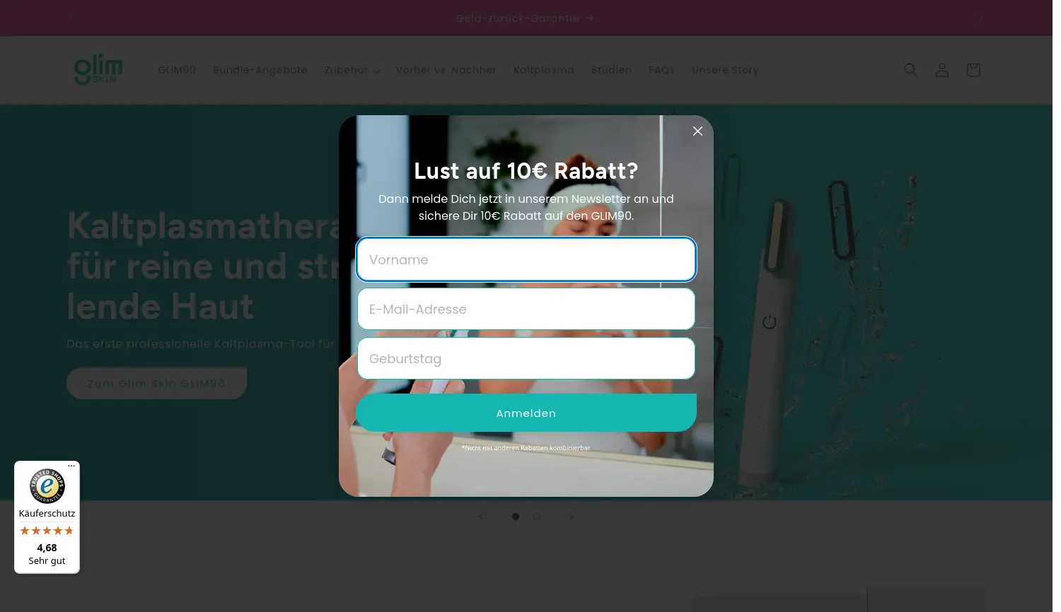 Website der Firma Glim Skin