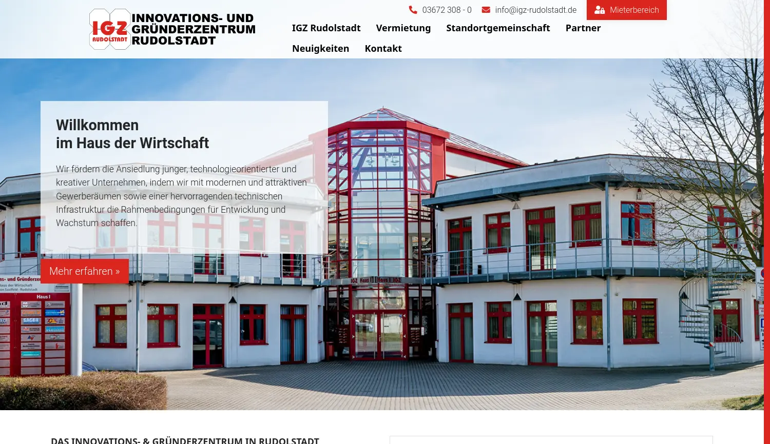 Website der Firma IGZ Innovations- und Gründerzentrum GmbH Rudolstadt