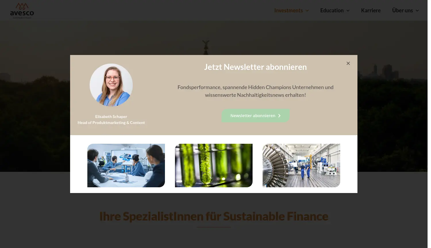 Website der Firma avesco Sustainable Finance AG