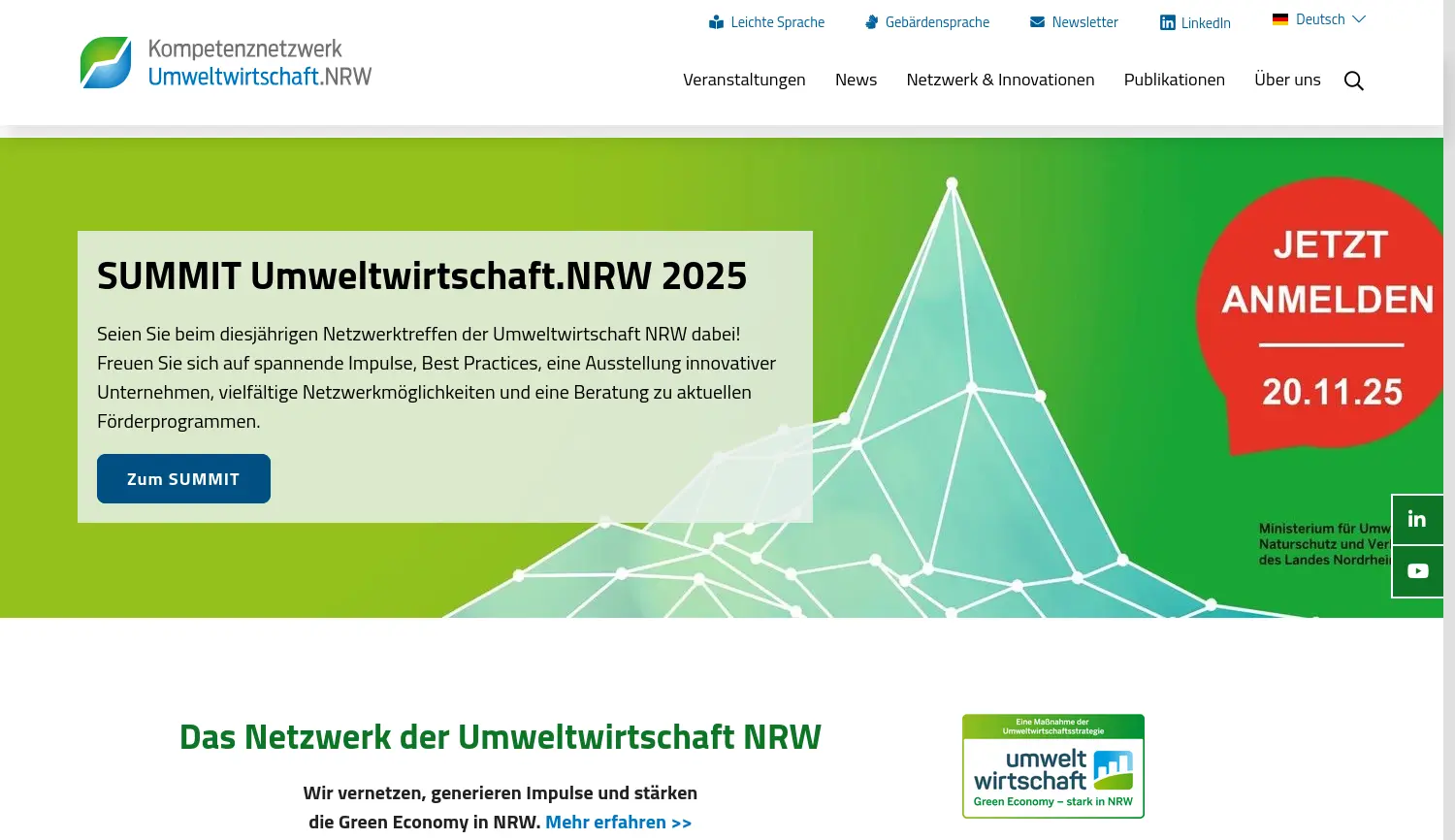 Website der Firma Kompetenznetzwerk Umweltwirtschaft.NRW