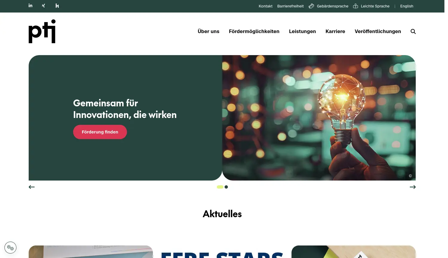 Website der Firma Projektträger Jülich (PtJ)