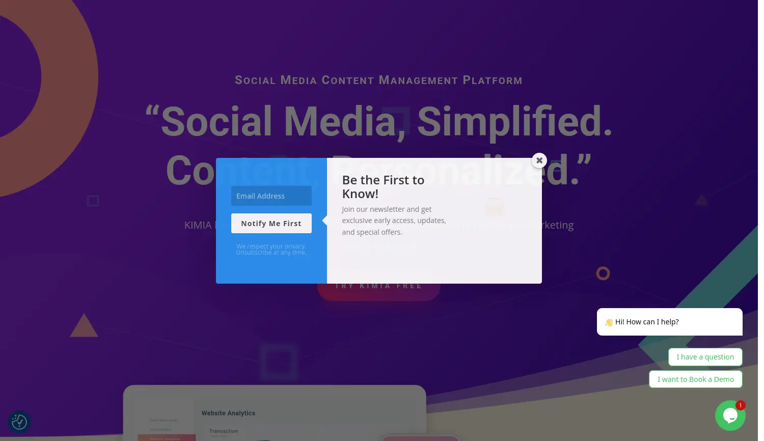 Website der Firma KIMIA – AI-powered Social Media Management Toolkit