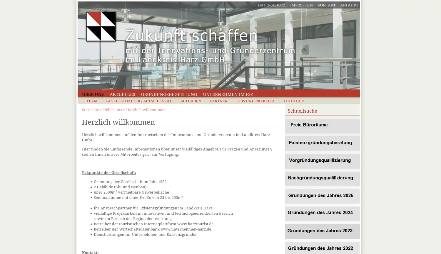Website der Firma Innovations- und Gründerzentrum im Landkreis Harz GmbH