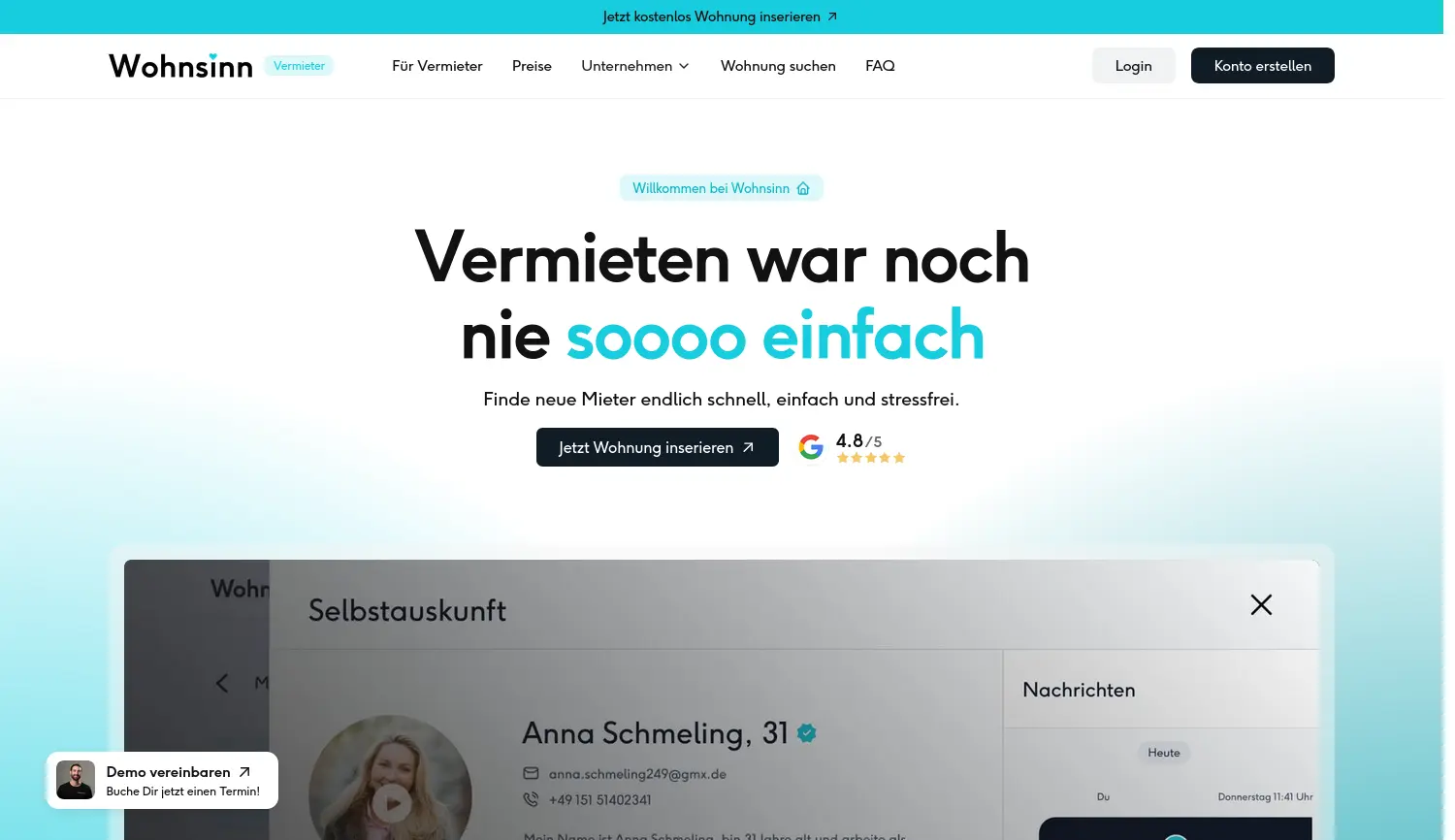 Website der Firma Wohnsinn GmbH